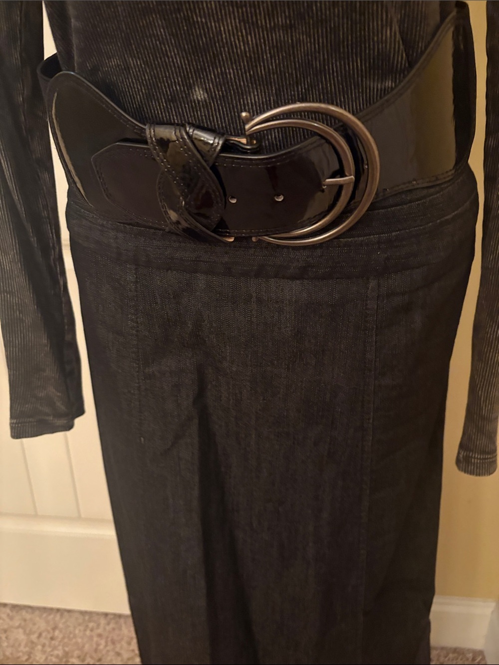 Wide Patent Leather Waist Belt with Double Ring Buckle - Black